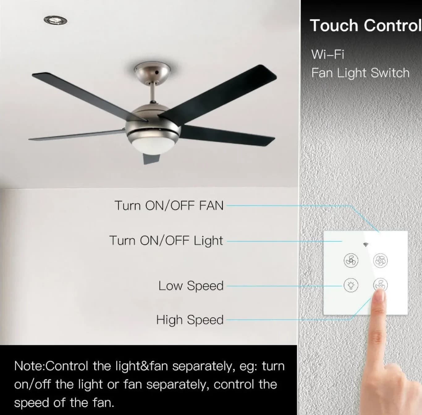 GearUP Wi-Fi Ceiling Fan Speed Controller &amp; Light Switch — Smart TUYA / Smart Life App Control – (Without Remote) — thumbnail 2