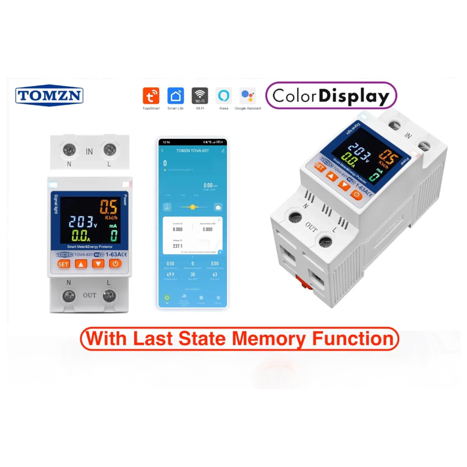 TOMZN TOVA-63T WIFI Circuit Breaker 63A Energy Meter, Timer, Voltage, Current Leakage Protection – Smartlife, TUYA App Support (Color Display)