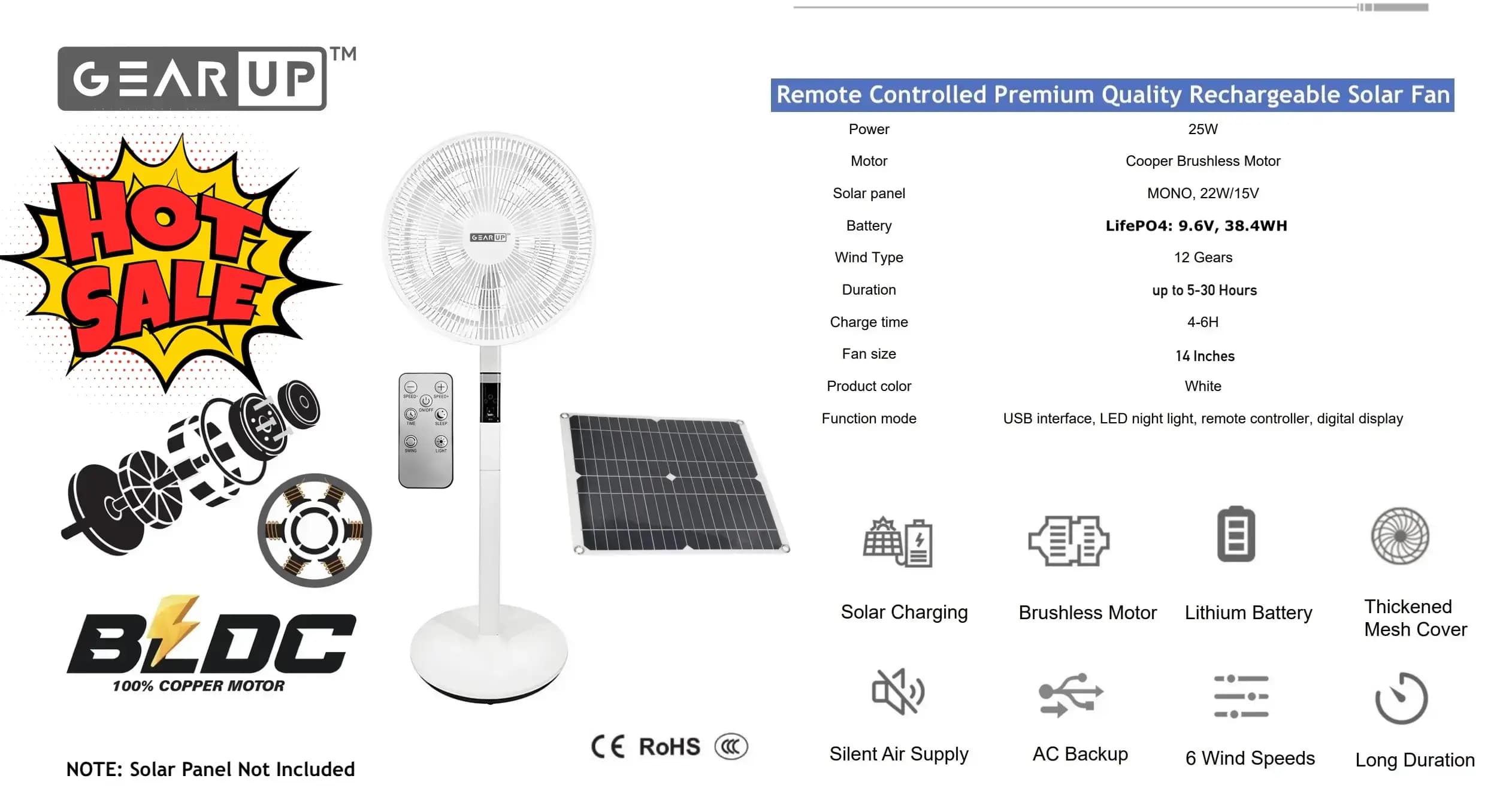 GearUP GP90 – 14 inch Premium Rechargeable LifePO4 + BLDC AC+ DC+ Solar Stand Fan (Without Solar Panel) — thumbnail 2