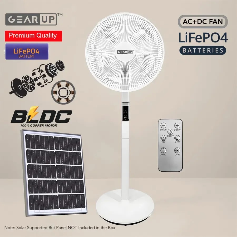 GearUP GP90 – 14 inch Premium Rechargeable LifePO4 + BLDC AC+ DC+ Solar Stand Fan (Without Solar Panel)